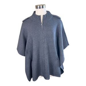 WHITE HOUSE BLACK MARKET Full Zip Up Grey Knit Cape Poncho Sweater Women's Sz M